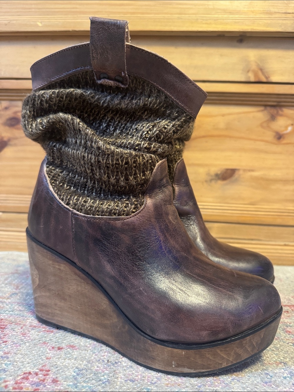 Bed Stu Bruges Wooden Wedge Slouch Rouge Knit Leather Distress Brown Boots